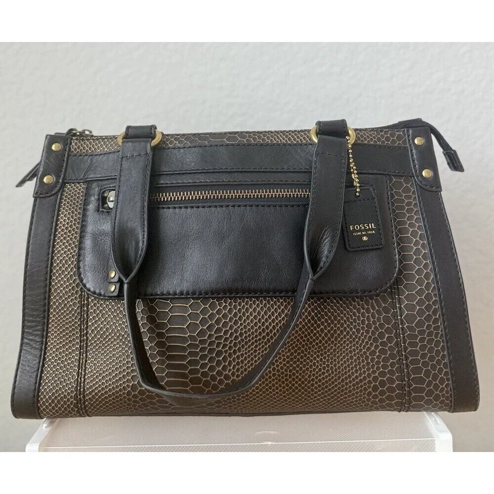 Fossil Vintage Legacy Black‎ Snake Embossed Leather Satchel Bag EUC Everyday